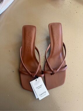 Mango Tan Knotted Square-Toe Leather Heeled Sandals